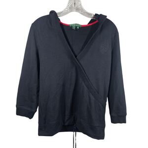 RALPH LAUREN ACTIVE LRL Black Stretch Hoodie with Faux Wrap and Drawstring Sz M